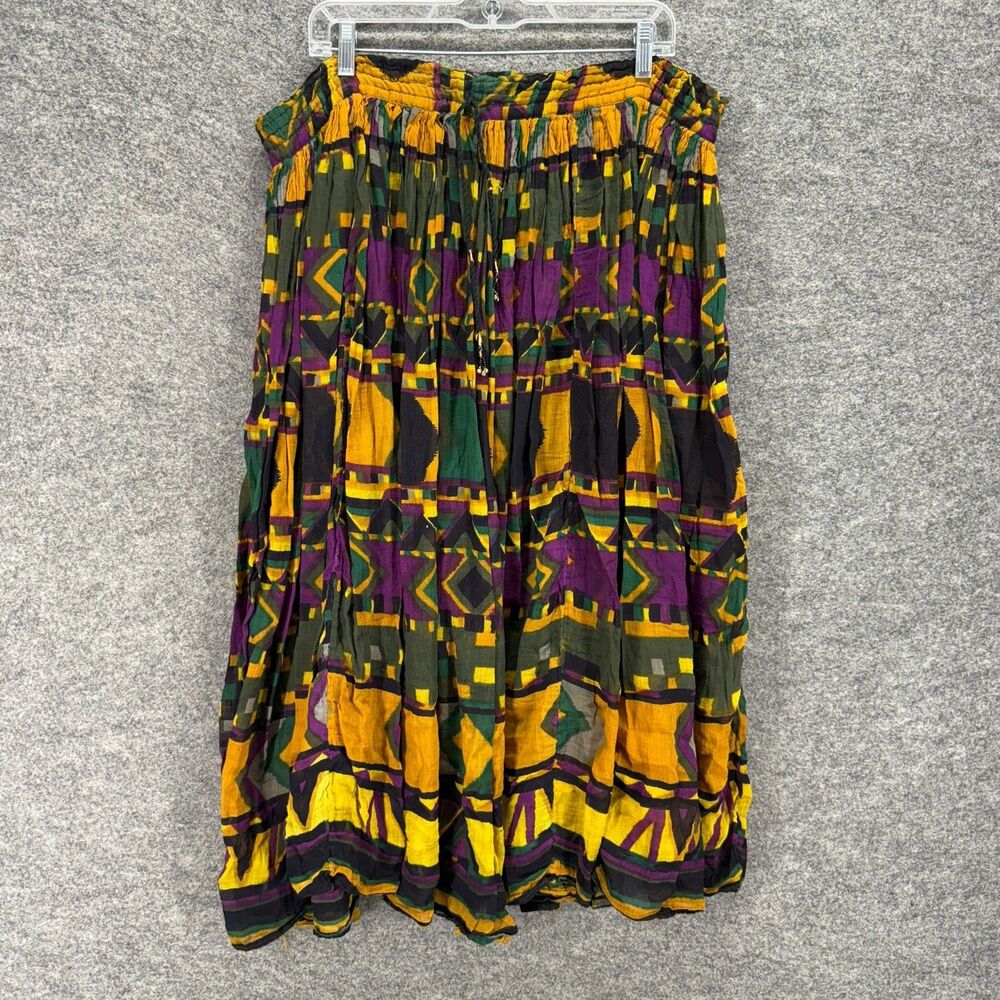 Class Skirt Women XL Green Geometric A-Line Midi Drawstring Mid Rise Cotton